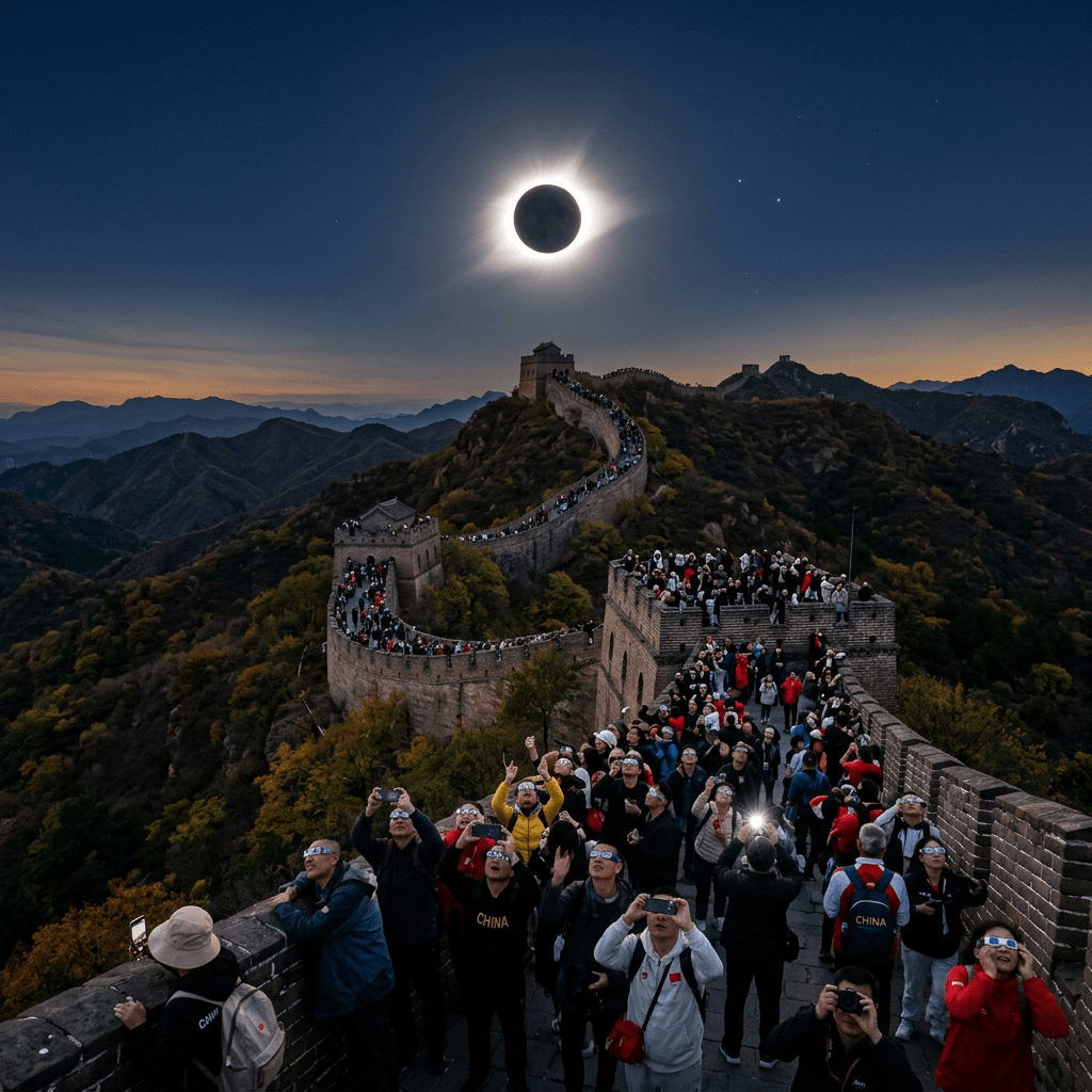 People wearing eclipse glasses watching solar eclipse on Great Wall of China at twilight